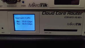 CCR1072-1G-8S+ at full capacity just under 80 Gbps using (4) HP DL360 ESXi hosts and (16) CentOS VMs.